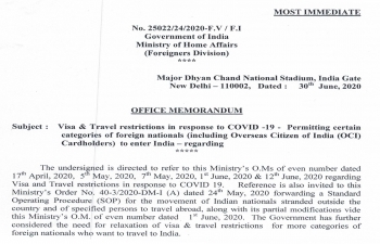 Visa & Travel restrictions in response to COVID -19 - Permitting certain categories of foreign nationals (including Overseas Citizen of India (OCI) Cardholders) to enter India (As on July 3rd)